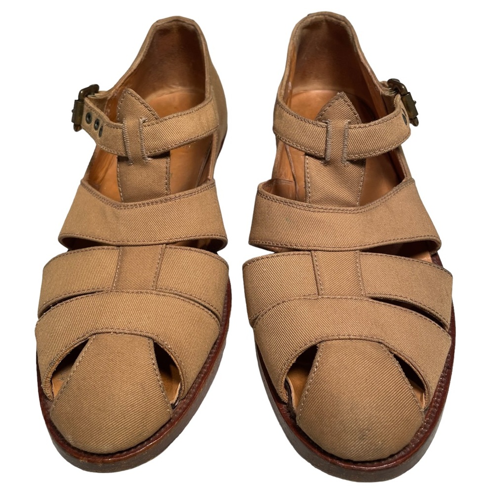 Vintage POLO RL fisherman shoes. Tan fabric, leather sole, wood heel. 7…